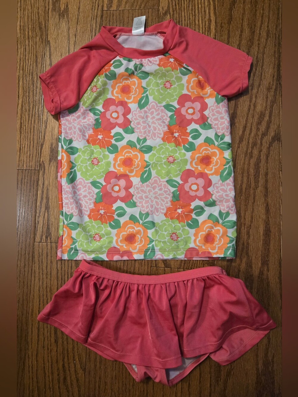 Gymboree Coral and Green Floral Rash Guard Swim Set